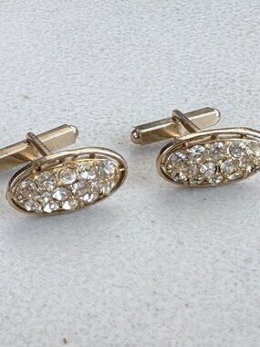 Vintage Crystal Rhinestone Cuff Links 1960s Gold Tone Metal Round Oval Cufflinks